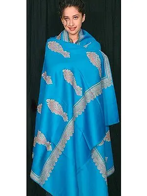 Turquoise Shawl with Thread Work