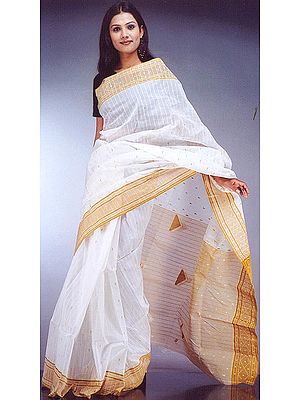 White Cotton Sari with Orange Border
