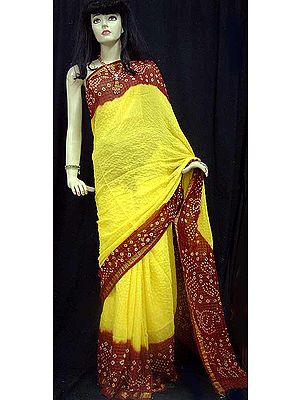 Yellow And Red Crepe Bandhini Sari