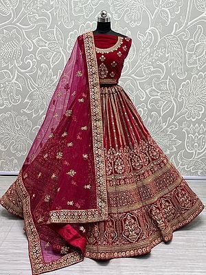 Velvet Mughal-Laddi Pattern Bridal Lehenga Choli With Dori, Thread, Zircon-Diamond, Mirror Embroidery And Soft Net Butti Motif Dupatta