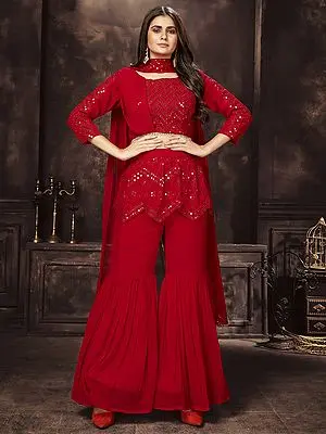 Red Georgette Chevron Pattern Mirror-Sequins Embroidered Crop Top Palazzo Suit with Designer Dupatta