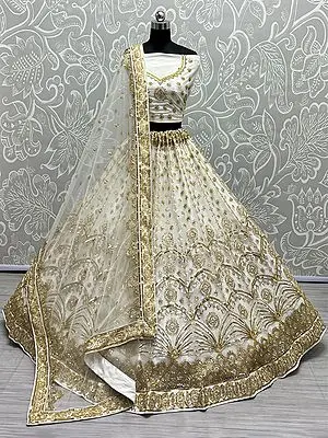 Net Floral Arch Motif Bridal khatali Work Lehenga Choli With Handwork, Sequins, Thread Embroidery And Soft Net Dupatta