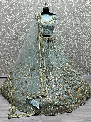Net Floral Arch Motif Bridal khatali Work Lehenga Choli With Handwork, Sequins, Thread Embroidery And Soft Net Dupatta