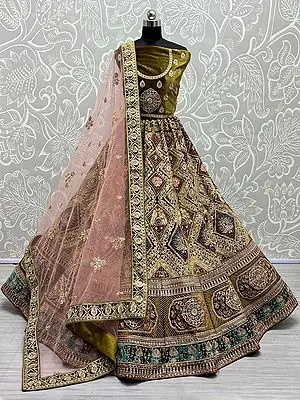 Mehendi-Green Velvet Chowkadi-Peacock Motif Lehenga Choli With Dori, Thread, Zircon-Diamond Embroidery And Soft Net Dupatta