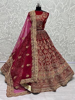 Rani-Pink Velvet Floral Pattern Bridal Lehenga Choli With Zari, Dori, Diamond Embroidery And Soft Net Scalloped Dupatta