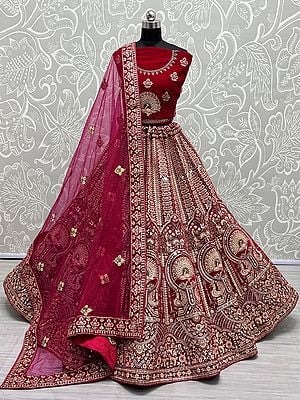 Velvet Peacock-Mughal Motif Bridal Lehenga Choli With Dori, Zari, Multi Thread, Hand Mirror Embroidery And Soft Net Dupatta