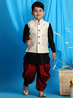Silk Blend Kurta And Phool Embroidered Modi Jacket With Viscose Blend Pajama