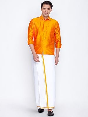 Silk Blend South Indian Style Half Sleeve Shirt with Cotton Golden Border Mundu
