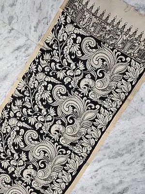 Black-White All-Over Peacock-Vine Painted Kalamkari Bangalore Silk Dupatta