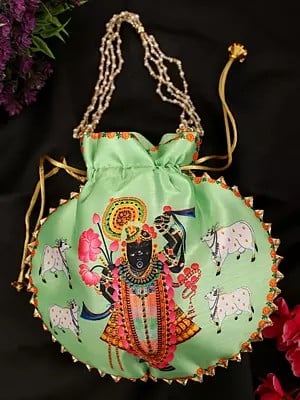Patina-Green Shreenathji Printed Art Silk Potli Bag