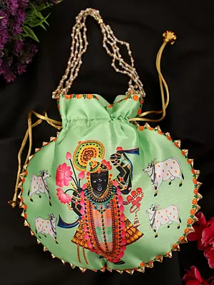 Patina-Green Shreenathji Printed Art Silk Potli Bag