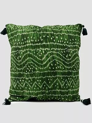 Elm-Green Bandhani Printed Cushion Cover with Tassels