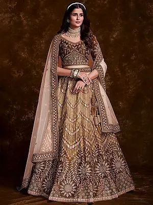 Art Silk Chevron-Paisley Pattern Lehenga Choli With Thread, Zari, Dori, Sequins, Zarkan Embroidery With Soft Net Dupatta