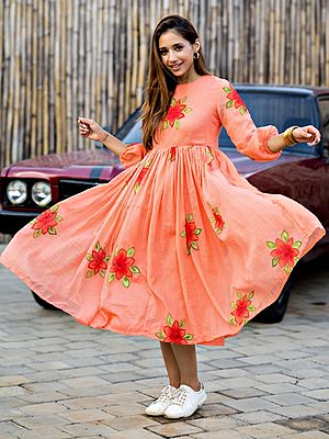 Kota Check Peach Color Dress With Digital Floral Printed