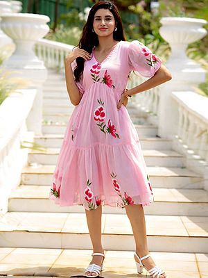 Pink Kota Check Floral Digital Printed Flare Dress