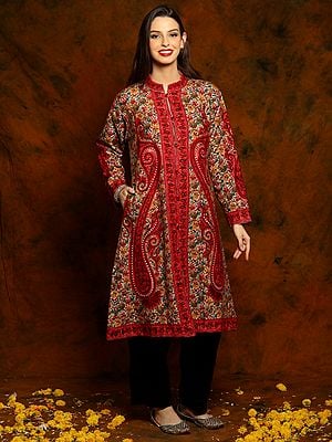Kashmiri White Woolen Long Jacket with Detailed Floral and Paisley Aari Embroidery