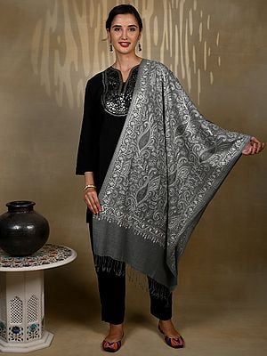 Pure Woolen Monochromatic Grey Stole with Silver Detailed Traditional Big Paisley Aari Threadwork from Kashmir