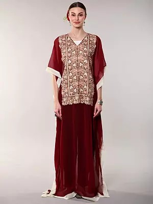 Georgette Kashmiri Long Kaftan with Floral Aari Embroidery