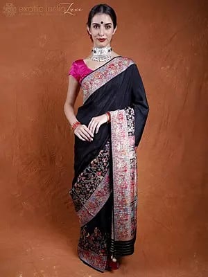 Pirate-Black Kani Saree from Kashmir with Shikargah Scenes Woven by Hand