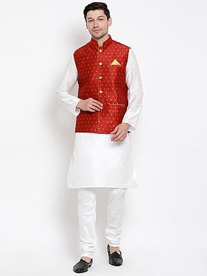Silk Blend White Kurta And Churidar Pajama With Zari Thread Maroon Modi Jacket