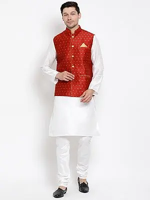 Silk Blend White Kurta and Churidar Pajama with Zari Thread Maroon Modi Jacket