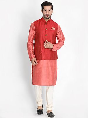 Cotton Silk Calf Length Pink Kurta With Cotton Blend Cream Churidar Pajama And Maroon Modi Jacket