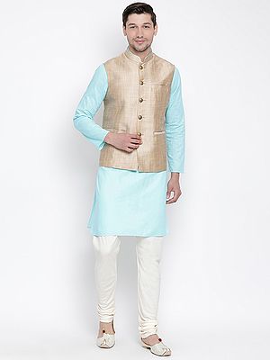 Cotton Linen Kurta And Cotton Blend Churidar Pajama With Cotton Silk Modi Jacket (Waistcoat)