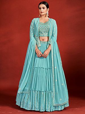 Turquoise All-Over Sequins-Mirror Embroidered Georgette Lehenga Choli And Dupatta With Jacket