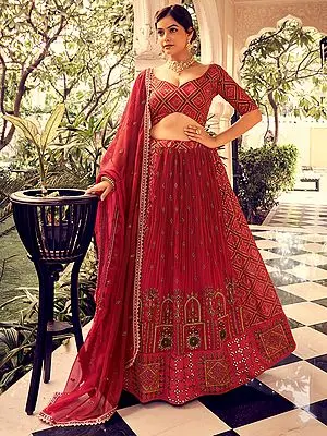 Pink Dual Tone Silk Lehenga Choli with Sequins, Thread, Zari Embroidery and Organza Dupatta