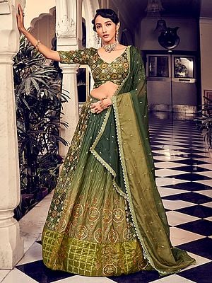 Green Silk Dual Tone Designer Lehenga Choli and Organza Dupatta with Sequins, Thread, Zari Embroidery