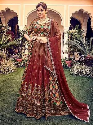 Maroon Dual-Tone Silk Lehenga Choli and Organza Dupatta with All-Over Sequins, Thread, Zari Work