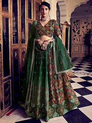 Rama-Green Silk Dual Tone Chowkadi-Butta Motif Lehenga Choli With Organza Dupatta And All-Over Sequins, Thread, Zari Work