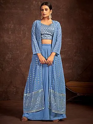 Georgette Blue Palazzo Suit With Leaf Laddi Pattern Sequins-Handwork Long Jacket