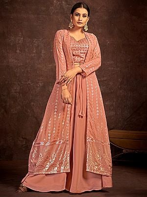 Peach Georgette Desinger Palazzo Suit With Floral Motif Sequins-Handwork Embroidery Long Jacket