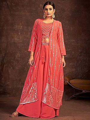 Georgette Coral Palazzo Suit with Bail Pattern Sequins-Handwork Jacket