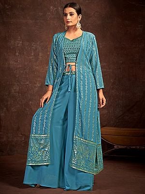 Georgette Teal Sequins-Handwork Embroidered Palazzo Suit with Designer Long Jacket
