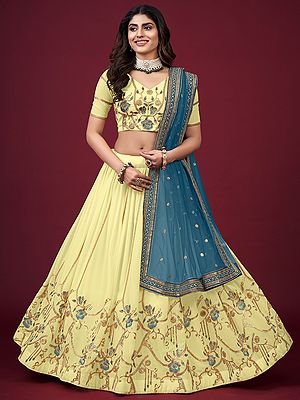 Yellow Faux Georgette Lehenga Choli with Butterfly Net Morpich-Blue Dupatta