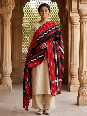 Red and Black Hand-Knit Folk Shawl from Nagaland