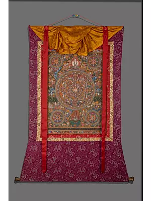Original Vintage hand painted Lokeshvara Mandala thanka with brocade