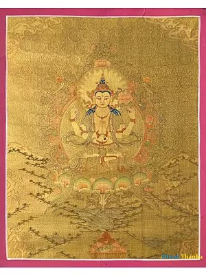 Chenrezig | Avalokiteshvara Full Gold  Thanka (Brocadeless Thangka)