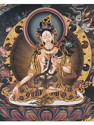 White tara the bodhisattva worshiped for Longetivity of life with 24k gold work (Brocadeless Thangka)