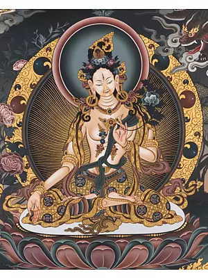 White Tara the Bodhisattva worshiped for Longetivity of life with 24k Gold work (Brocadeless Thangka)