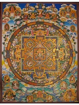 Old Large sized tibetan color style Chengrezig mandala with multiple deities (Brocadeless Thangka)