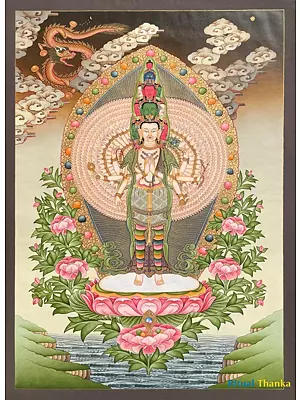 Lokeshvara Thangka Popularly known as Avalokiteshvara or Chenrezig Thangka (Brocadeless Thangka)
