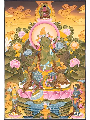 Green Tara Thangka (Brocadeless Thangka)