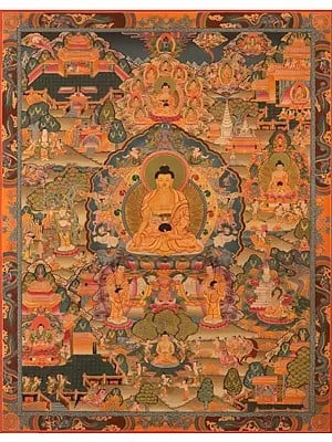 Siddhartha Gautama Buddha's  Miraculous Life Events (Brocadeless Thangka)