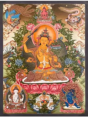 Goddess Manjushree The Deity of Wisdom Thangka (Brocadeless Thangka)