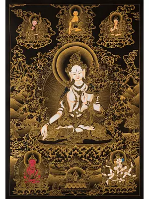 Goddess White Tara in Black and Gold Style (Brocadeless Thangka)