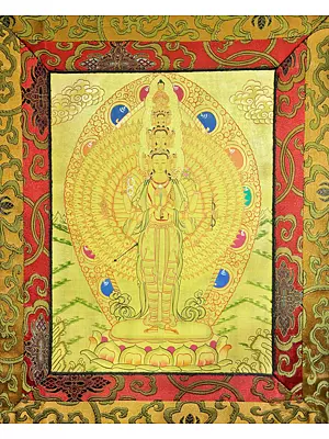 All Gold Style 1000 Armed Chengrezig with Brocade Mounted
