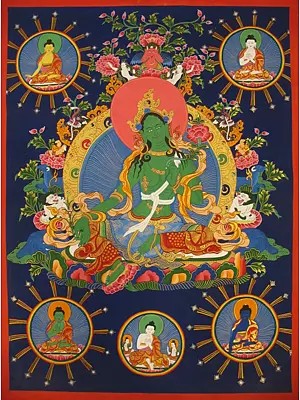 Green Tara with The Cosmic Buddhas (Brocadeless Thangka)